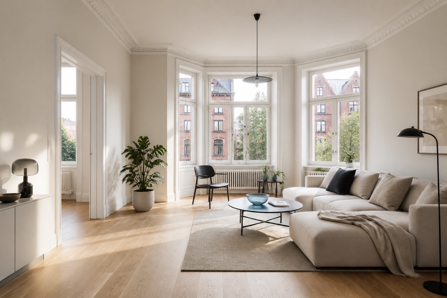 Helles Wohnzimmer einer Hamburger Altbauwohnung